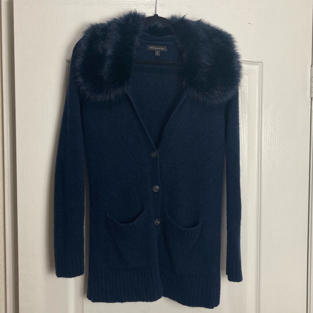 Banana Republic Faux Fur Collar Cardigan Sweater, Navy,Size S